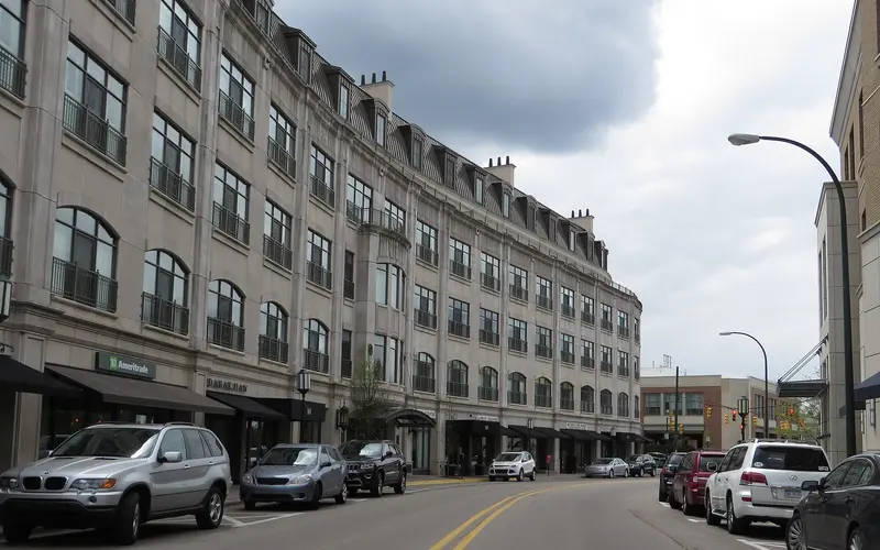 Downtown Birmingham, MI streetscape along Woodward Avenue with upscale shops, sidewalk dining, and Shain Park nearby
