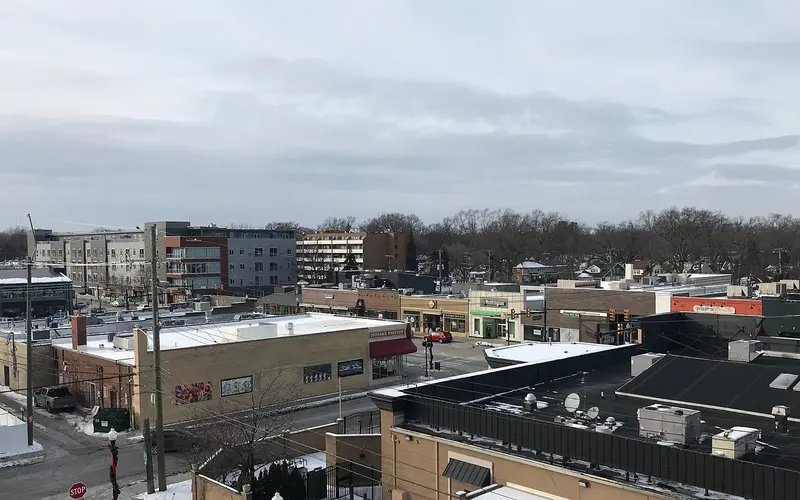 Downtown Ferndale at the corner of Woodward Avenue and 9 Mile Road with shops, restaurants, and pedestrians in Ferndale, MI